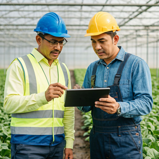 Professional agricultural managers in greenhouse