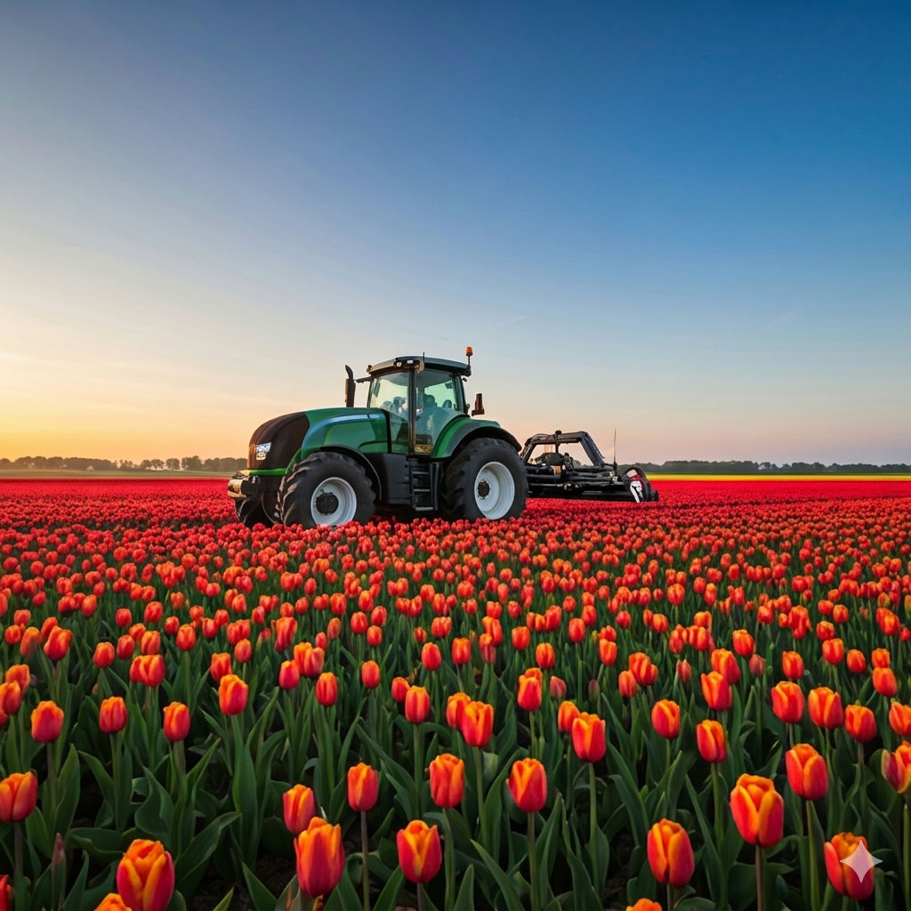 Modern autonomous tractor operating in a vast field of vibrant blooming tulips