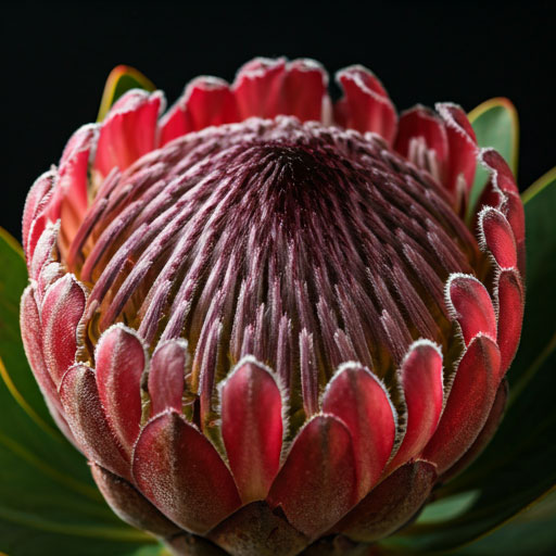 Macro photography of deep red protea flower